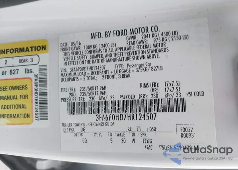 2017 Ford Fusion Se from USA, damaged, VIN 3FA6P0HD7HR124507